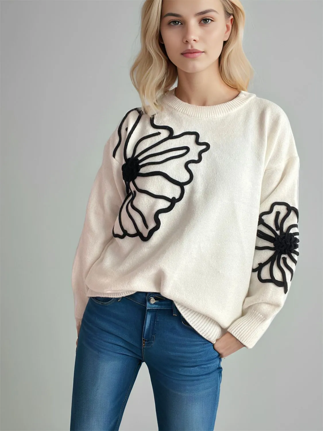 🌼 Flower Round Neck Long Sleeve Sweater 🌼