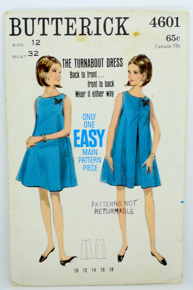 1967 Butterick 4601 Turnabout Dress Vintage Sewing Pattern