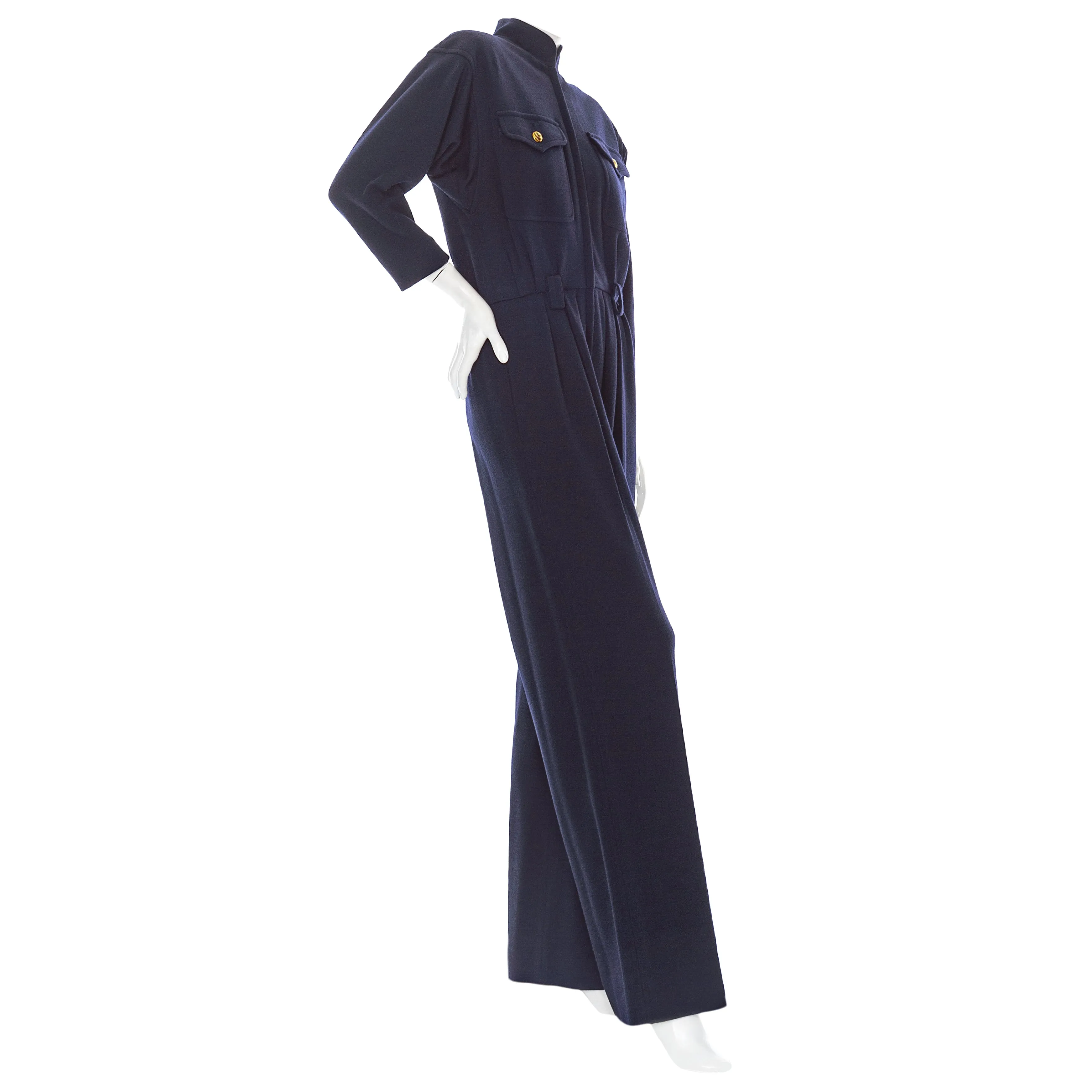 1980s Rive Gauche Navy Blue Wool Long Sleeve Jumpsuit