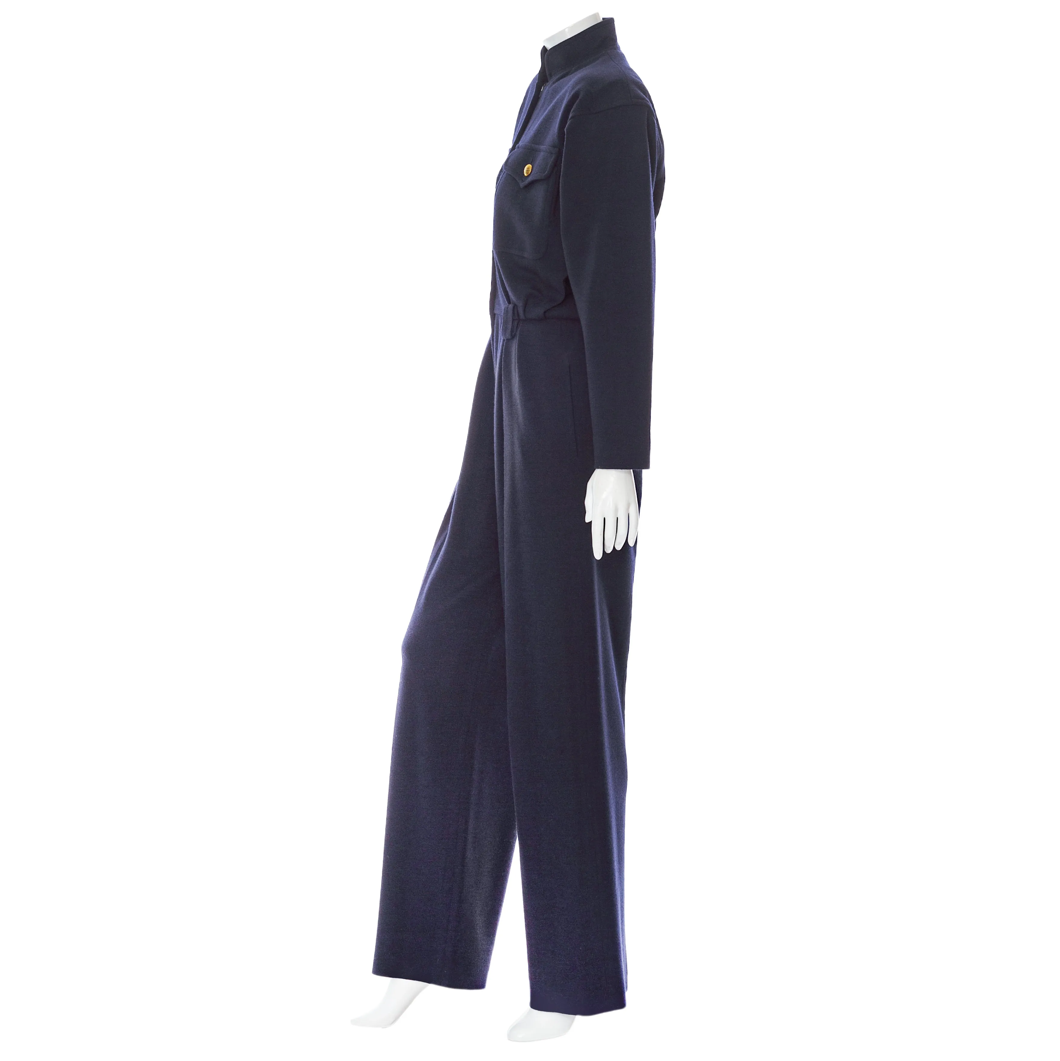 1980s Rive Gauche Navy Blue Wool Long Sleeve Jumpsuit