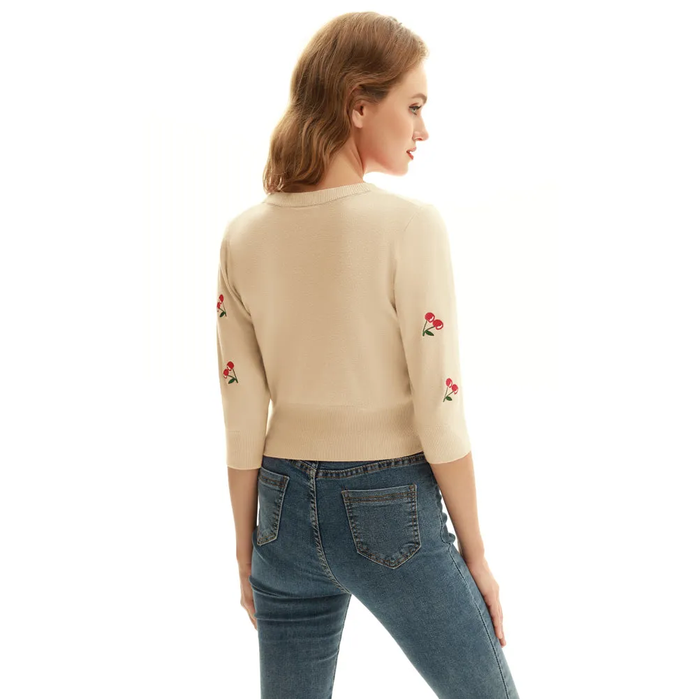 3/4 Sleeve V-Neck Button Down Cherries Embroidery Cropped Cardigan Sweater Coat