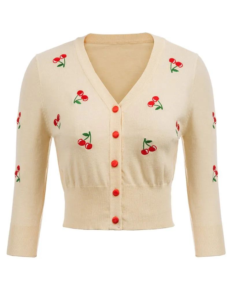 3/4 Sleeve V-Neck Button Down Cherries Embroidery Cropped Cardigan Sweater Coat