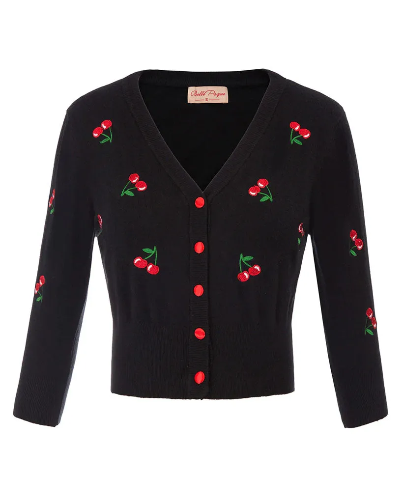 3/4 Sleeve V-Neck Button Down Cherries Embroidery Cropped Cardigan Sweater Coat