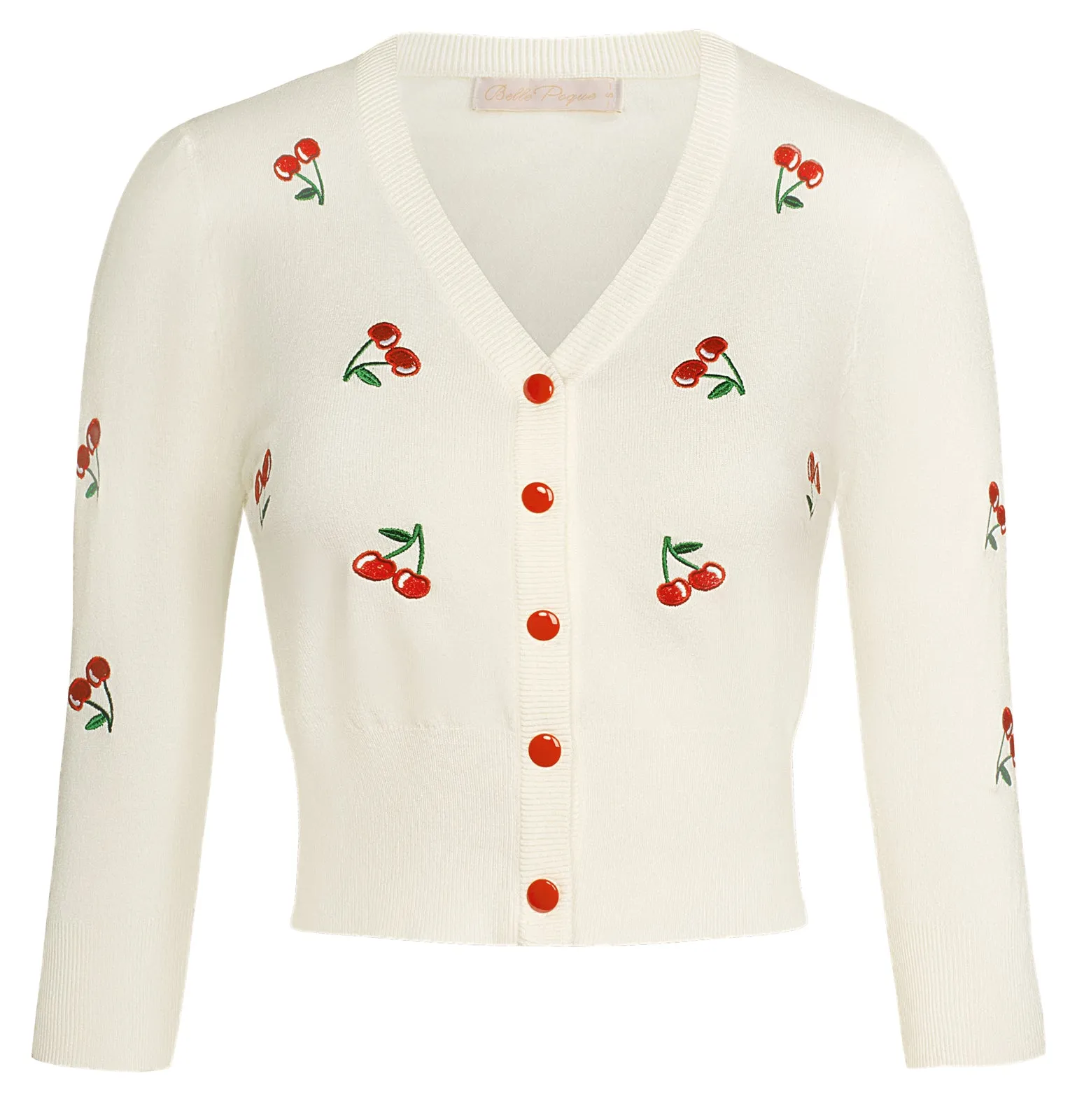 3/4 Sleeve V-Neck Button Down Cherries Embroidery Cropped Cardigan Sweater Coat