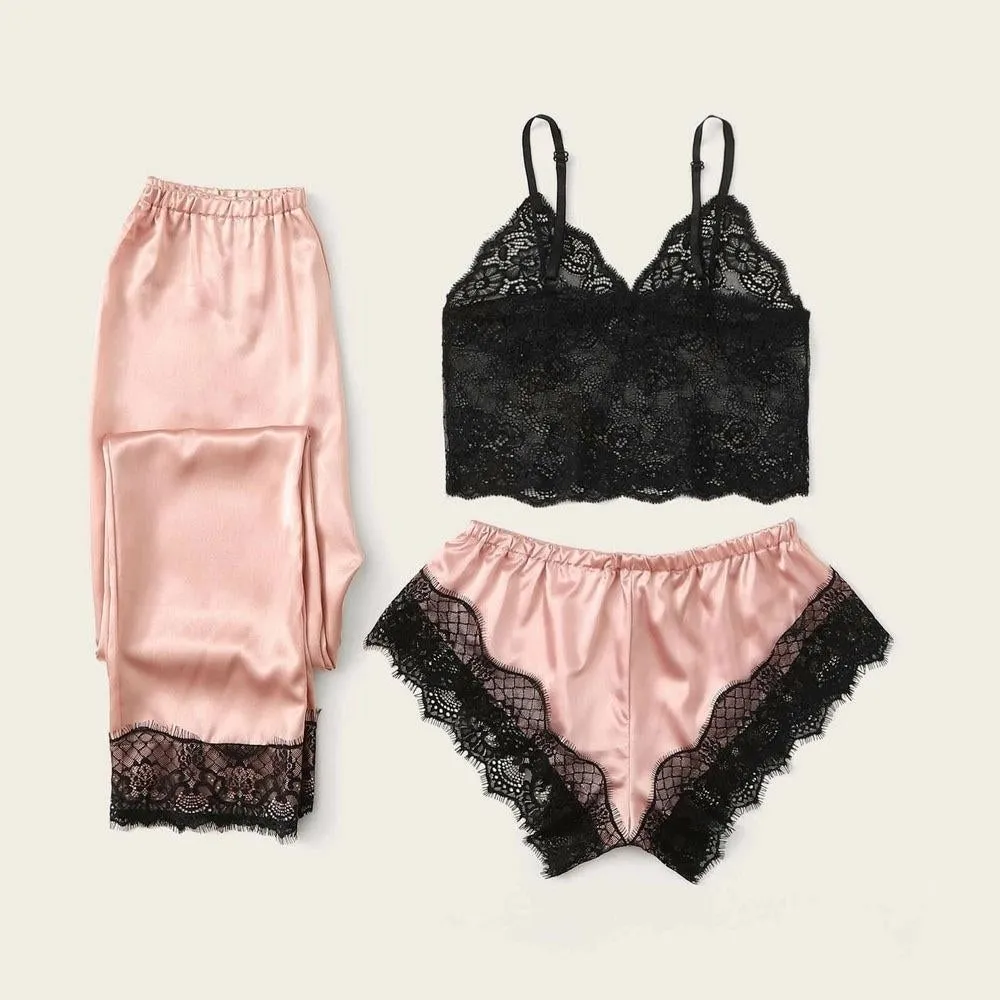 3pcs Eyelash Floral Lace Lingerie Set