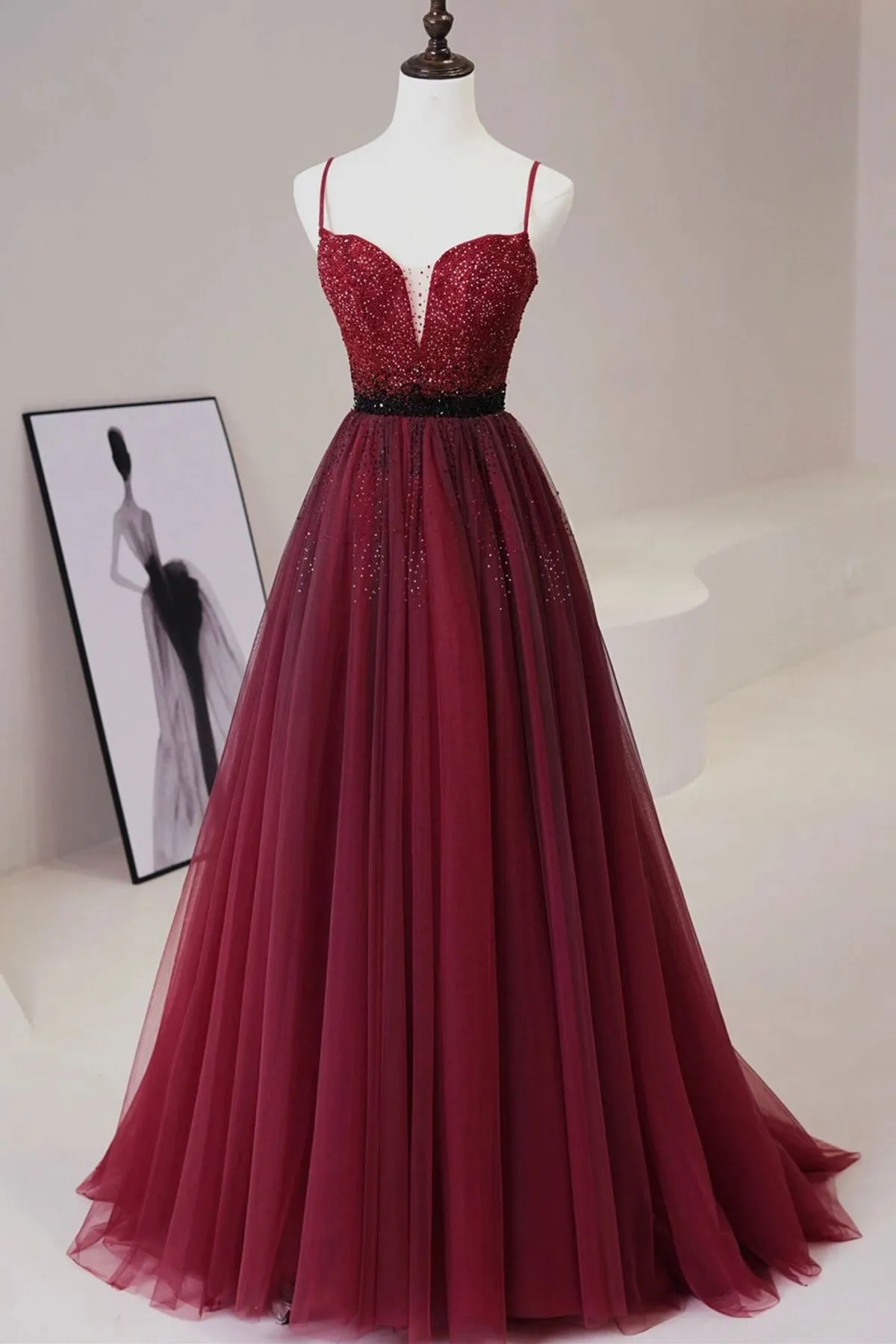 A Line V Neck Beaded Burgundy Tulle Long Prom Dress, Beaded Burgundy Formal Graduation Evening Dress A1764