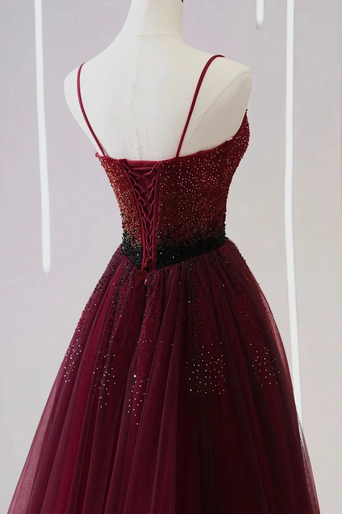 A Line V Neck Beaded Burgundy Tulle Long Prom Dress, Beaded Burgundy Formal Graduation Evening Dress A1764