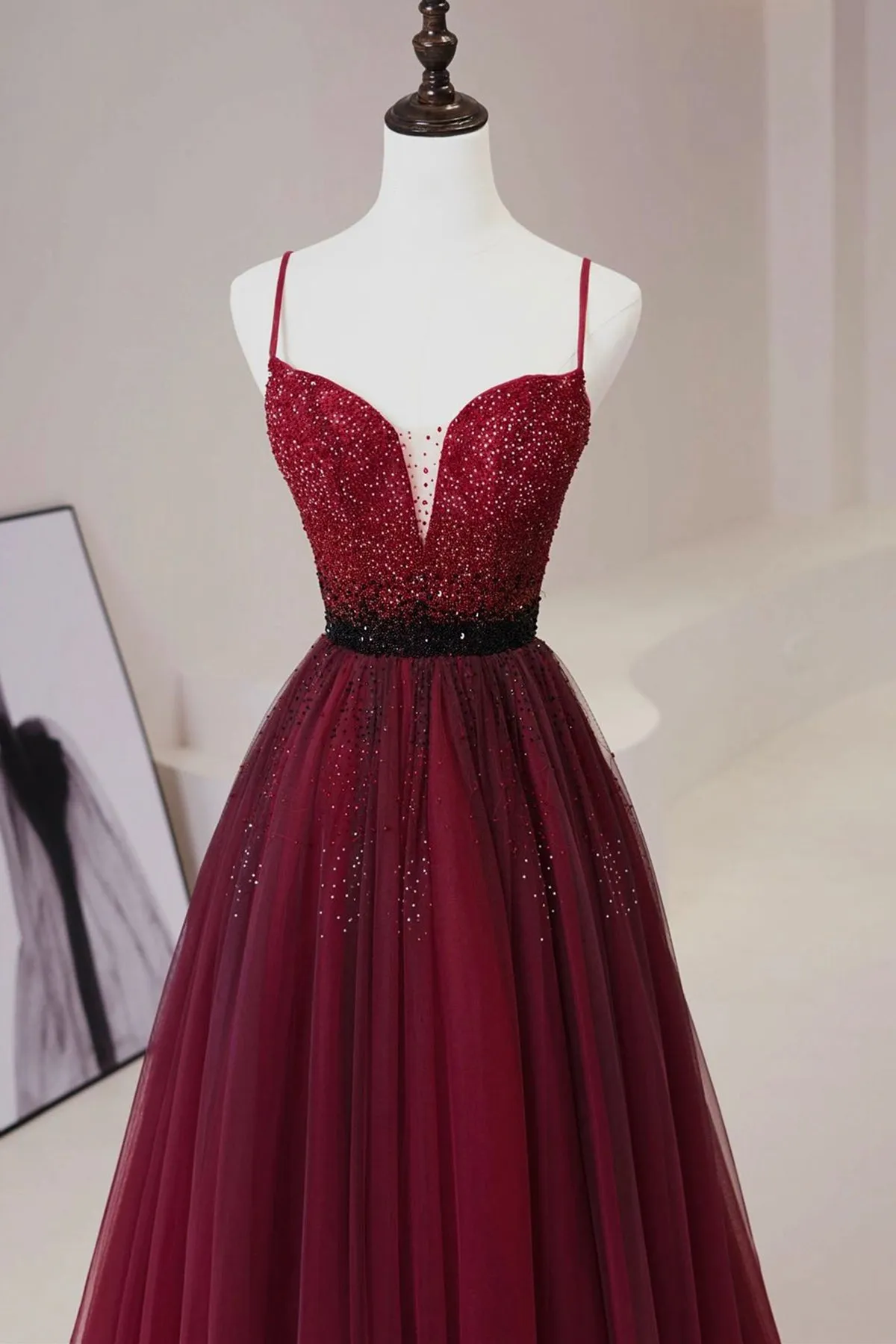 A Line V Neck Beaded Burgundy Tulle Long Prom Dress, Beaded Burgundy Formal Graduation Evening Dress A1764