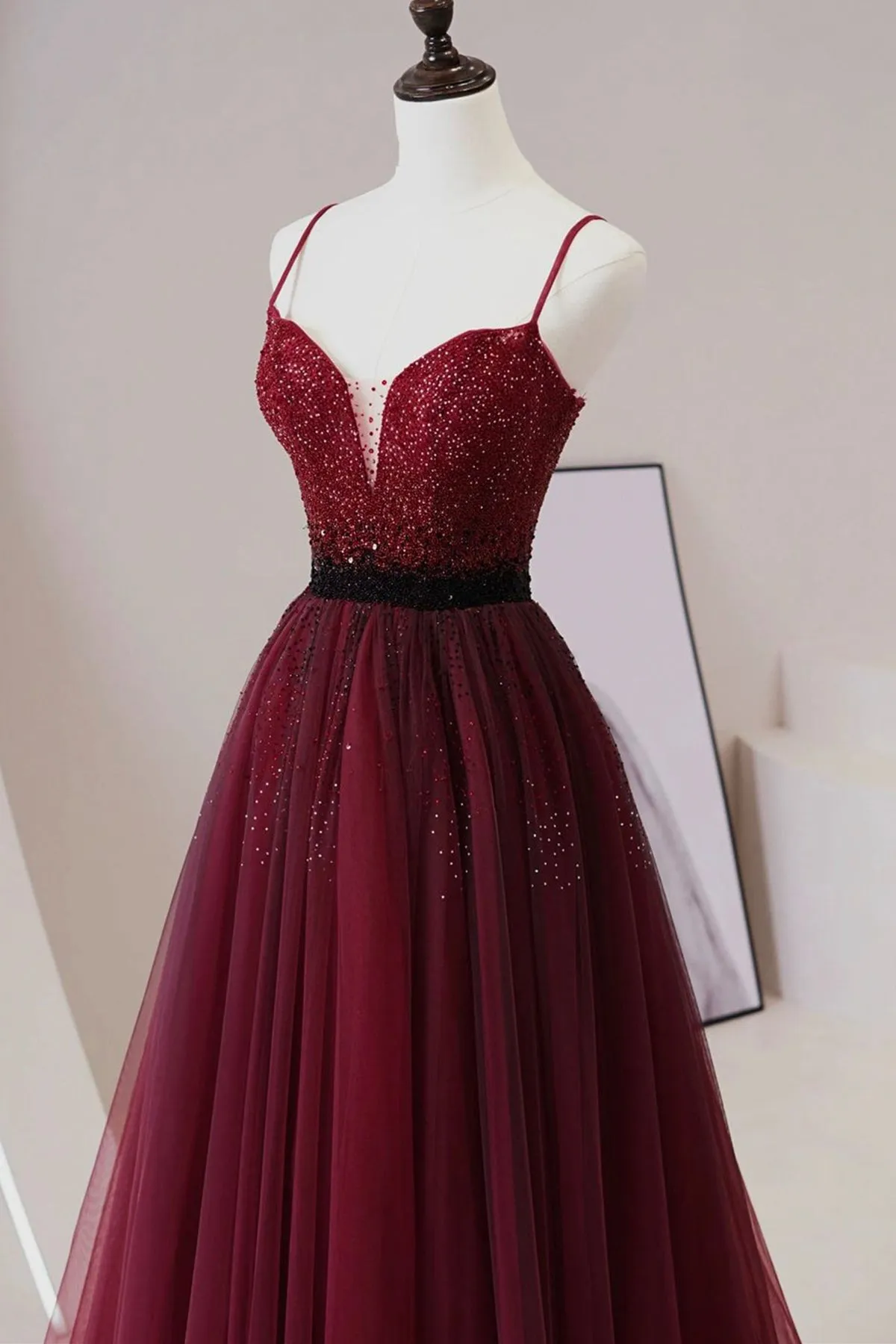 A Line V Neck Beaded Burgundy Tulle Long Prom Dress, Beaded Burgundy Formal Graduation Evening Dress A1764