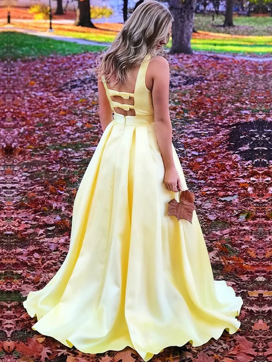 A Line V Neck Open Back Yellow Satin Long Prom, V Neck Yellow Formal Graduation Evening, Simple Party