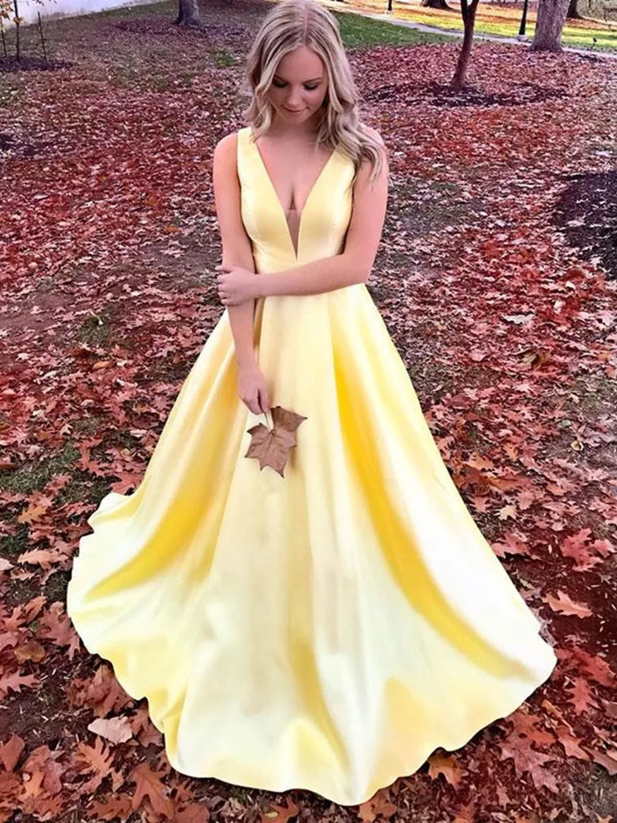 A Line V Neck Open Back Yellow Satin Long Prom, V Neck Yellow Formal Graduation Evening, Simple Party