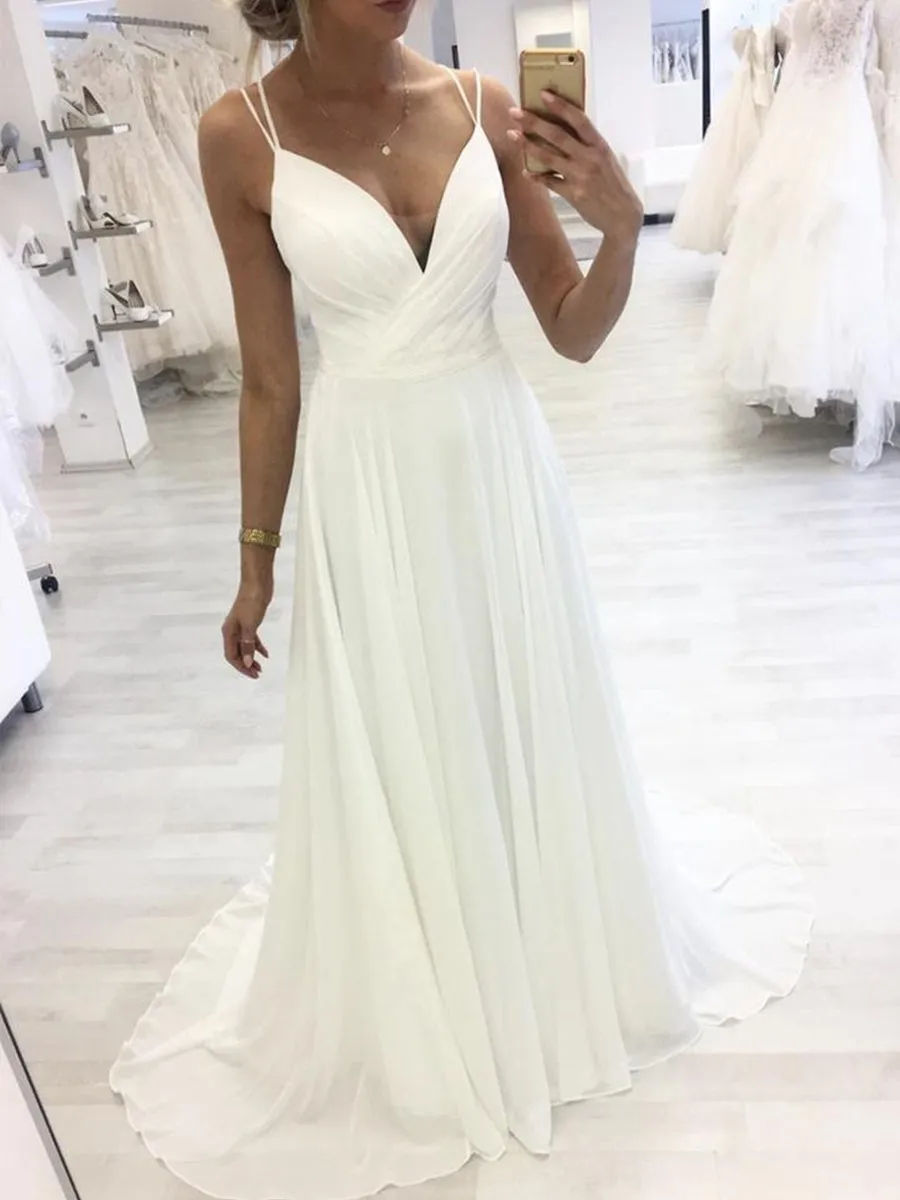 A Line V Neck White Chiffon Long Prom with Straps, V Neck White Formal Graduation Evening