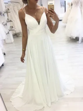 A Line V Neck White Chiffon Long Prom with Straps, V Neck White Formal Graduation Evening