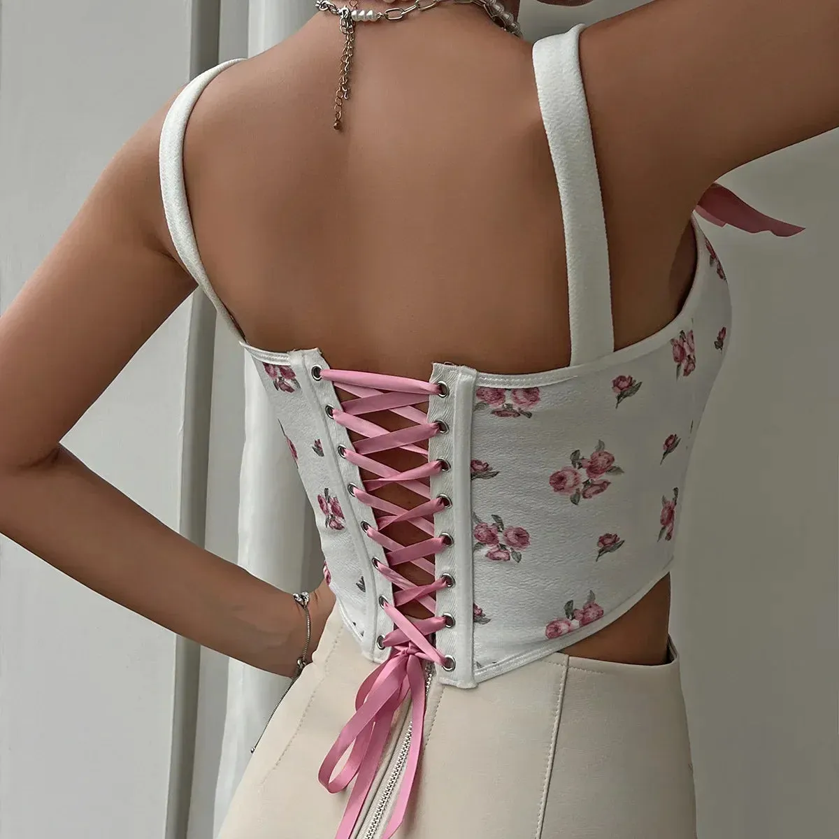 Advbridge-Women Bowknot Bustier Corset Tops Belly Shapewear Lingerie Camisole Back Lace-up Slim Boned Tank Top Sexy Bodyshaper Floral Vest