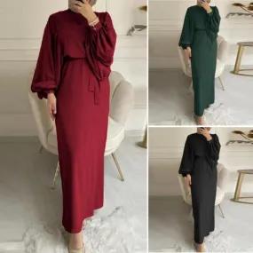 Aiertu dress outfit Style Solid Color Long Sleeve Casual Muslim Dress Robe Robe Dress Dignified Elegant Middle East