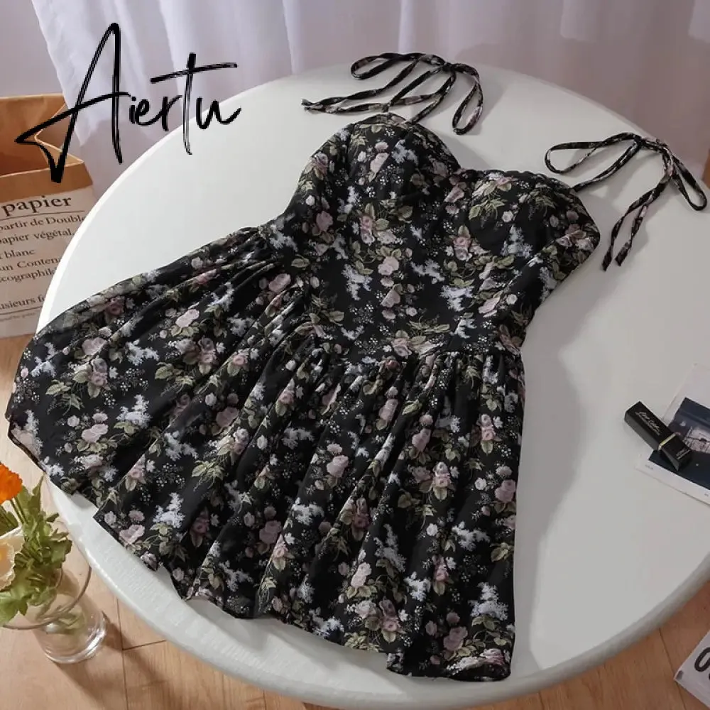 Aiertu French Floral Sling Dress Women Chic Backless Summer Sexy Mini Dress Beach Spaghetti Strap Dress Sundress New  Female  Robe