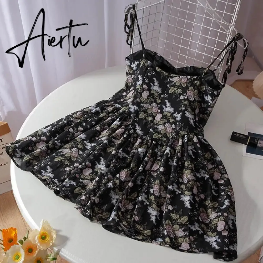 Aiertu French Floral Sling Dress Women Chic Backless Summer Sexy Mini Dress Beach Spaghetti Strap Dress Sundress New  Female  Robe