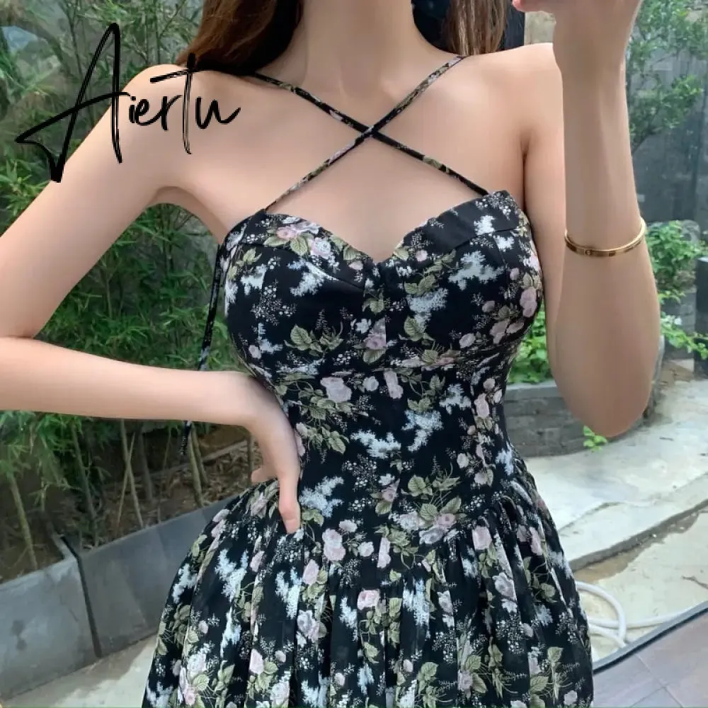 Aiertu French Floral Sling Dress Women Chic Backless Summer Sexy Mini Dress Beach Spaghetti Strap Dress Sundress New  Female  Robe