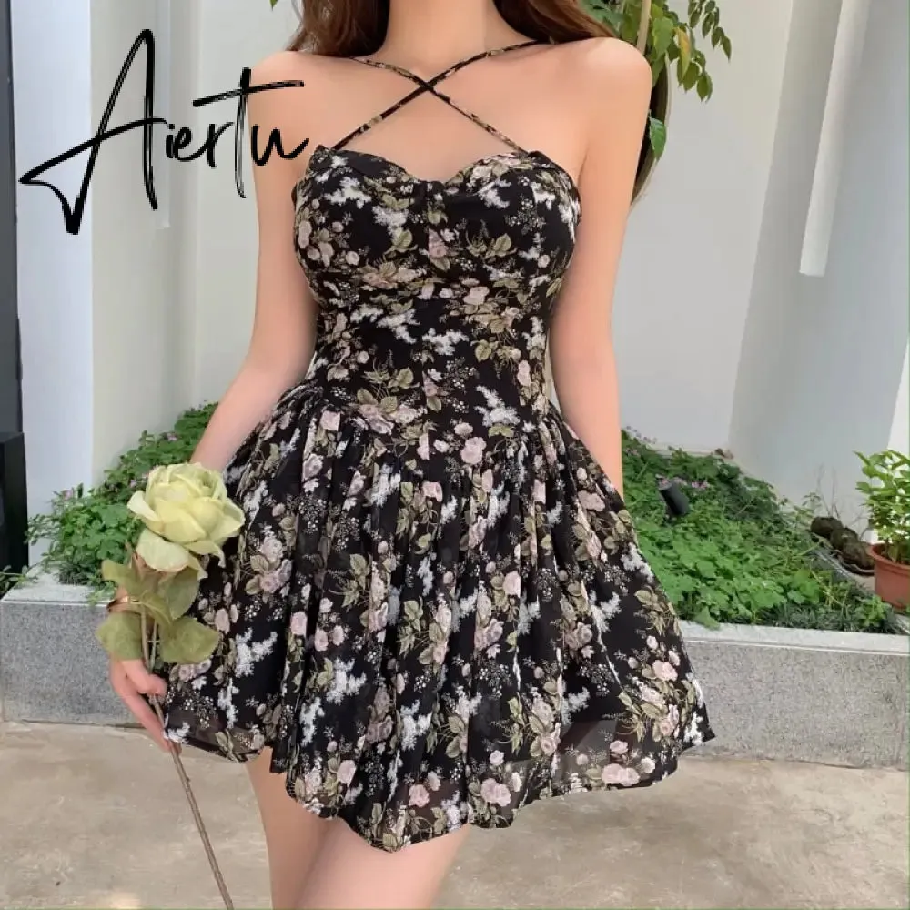 Aiertu French Floral Sling Dress Women Chic Backless Summer Sexy Mini Dress Beach Spaghetti Strap Dress Sundress New  Female  Robe