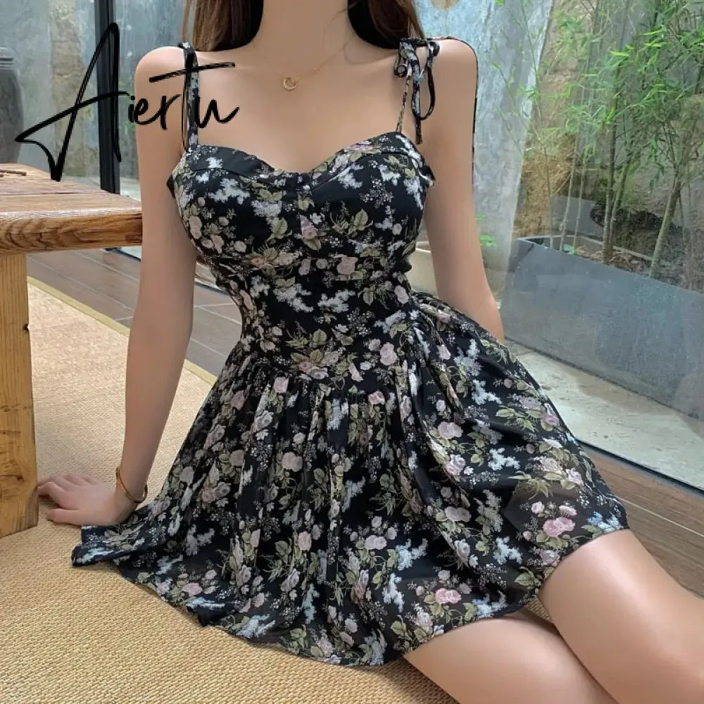 Aiertu French Floral Sling Dress Women Chic Backless Summer Sexy Mini Dress Beach Spaghetti Strap Dress Sundress New  Female  Robe