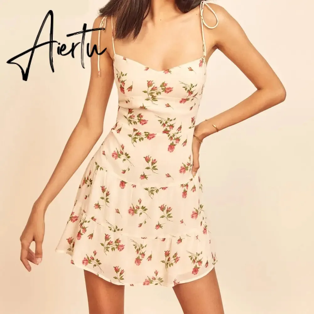 Aiertu women Fashion Flroal Print mini Dress fitted bodice and back Ruffle hem Female Chic dresses vintage high quality