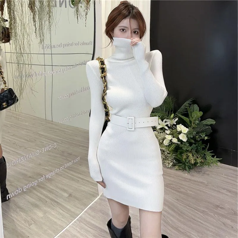 Amozae business casual outfits Fashion Collar Knitted Dress Women's Spring-Level Slim-Fit Sweater Bottoming Hip Skirt