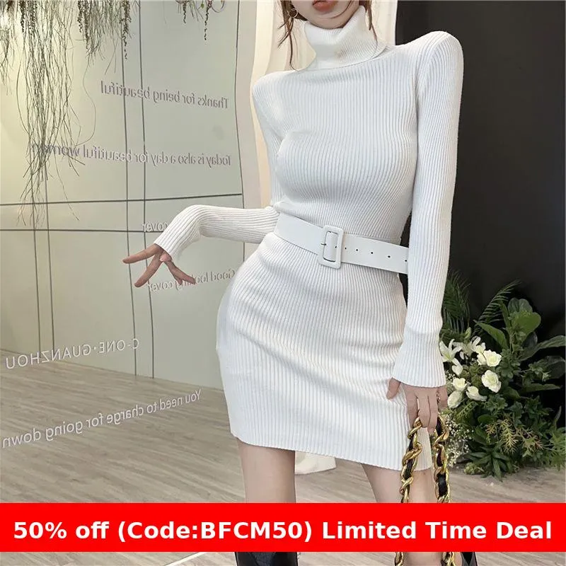 Amozae business casual outfits Fashion Collar Knitted Dress Women's Spring-Level Slim-Fit Sweater Bottoming Hip Skirt