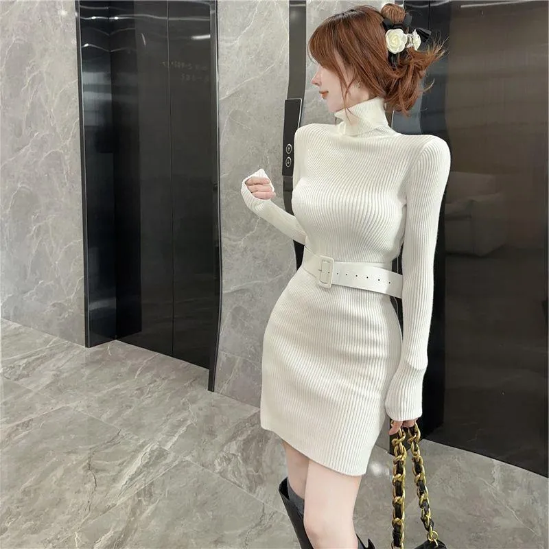 Amozae business casual outfits Fashion Collar Knitted Dress Women's Spring-Level Slim-Fit Sweater Bottoming Hip Skirt