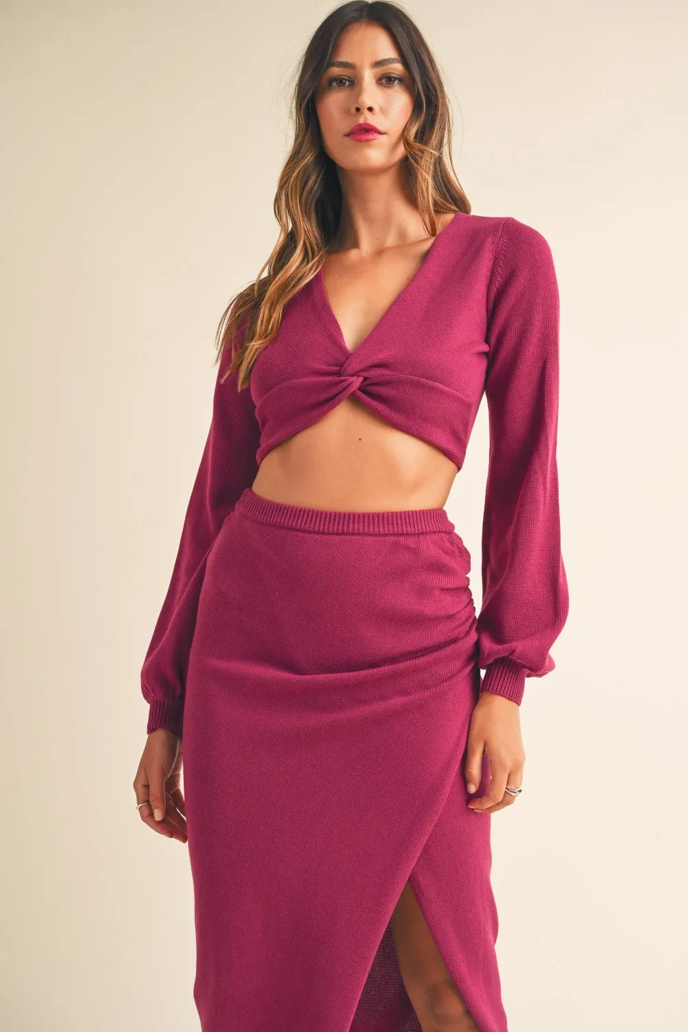 Atlas Knit Top and Midi Skirt Set - Magenta