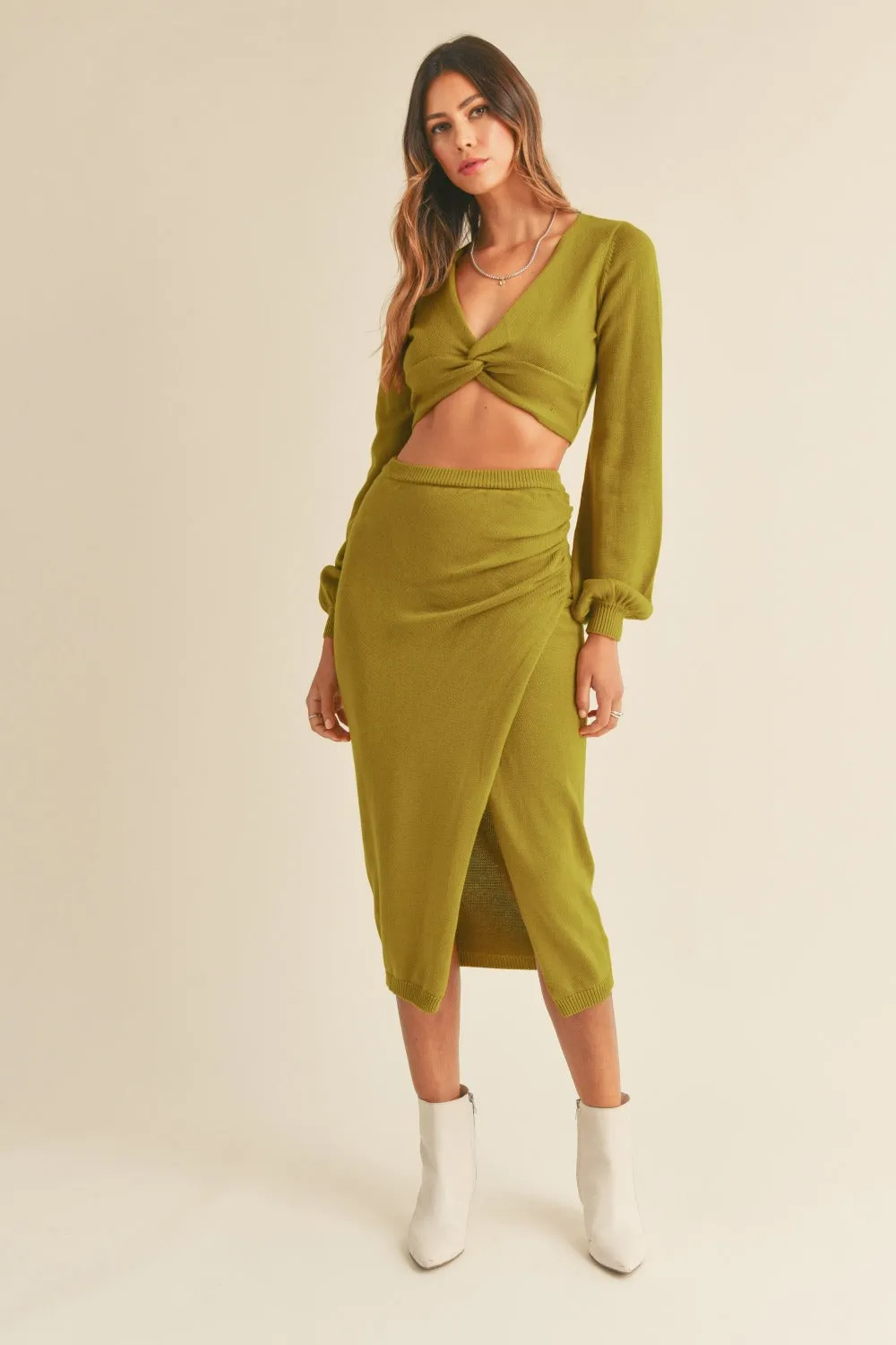 Atlas Knit Top and Midi Skirt Set - Moss