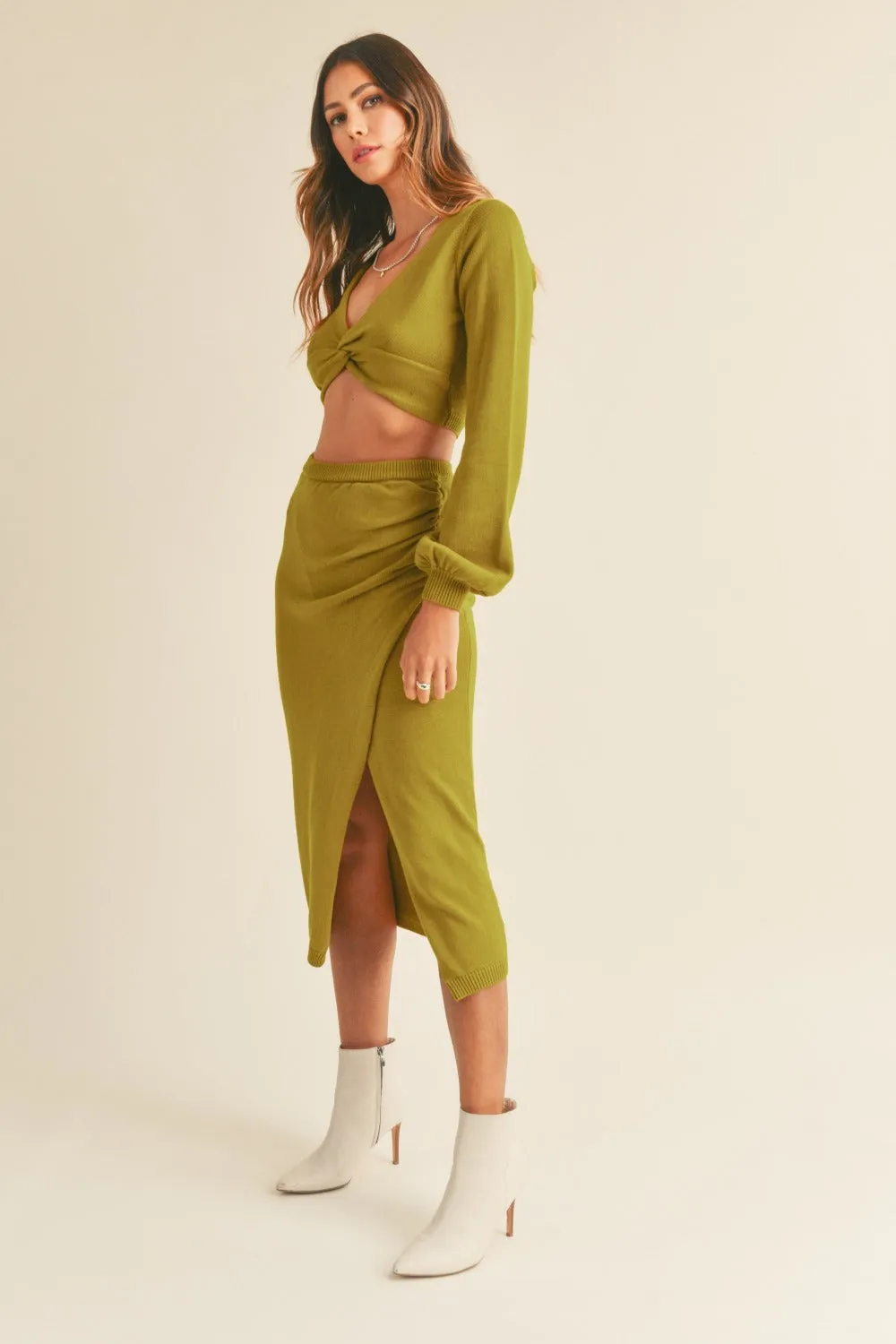 Atlas Knit Top and Midi Skirt Set - Moss