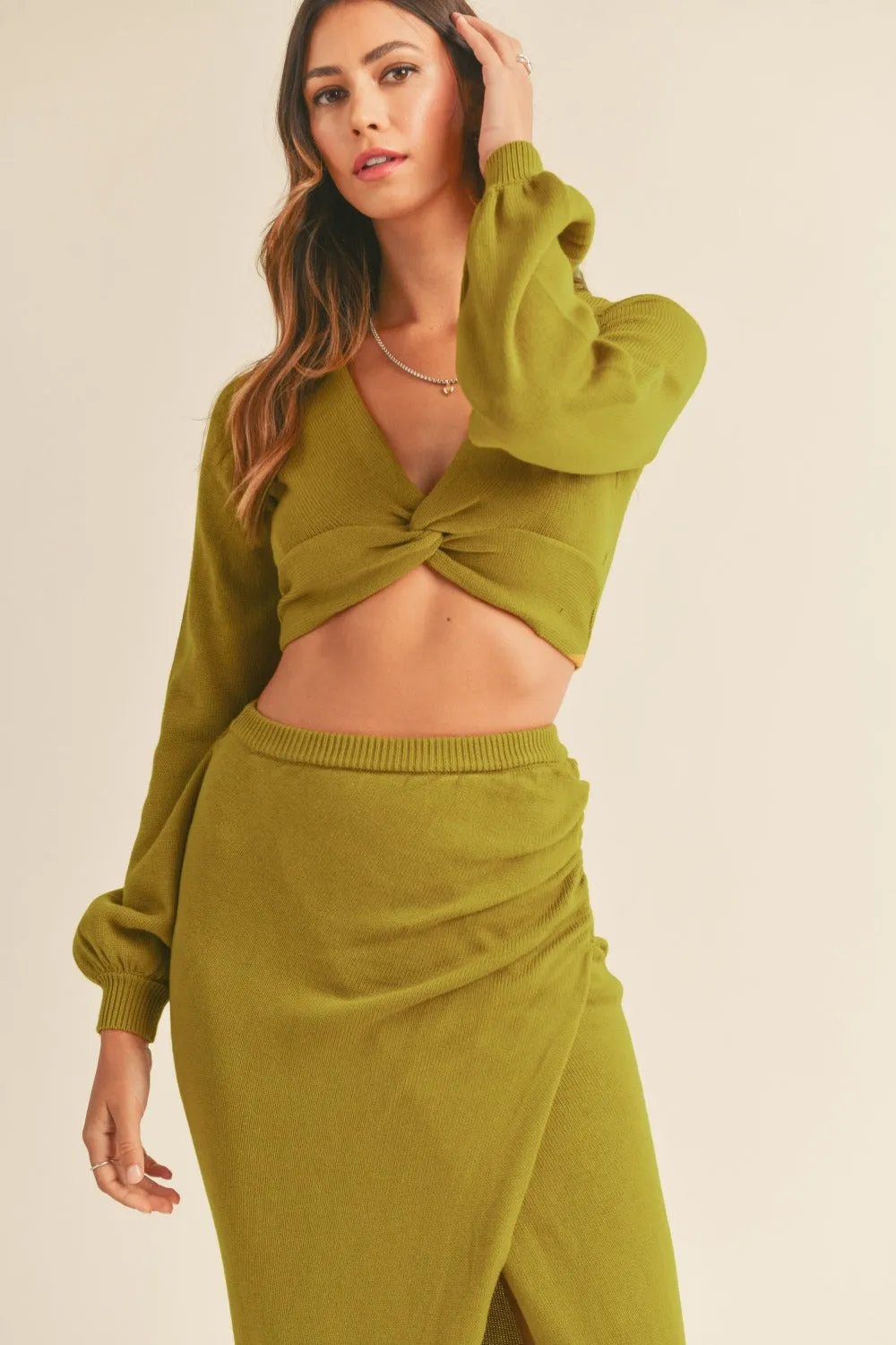 Atlas Knit Top and Midi Skirt Set - Moss