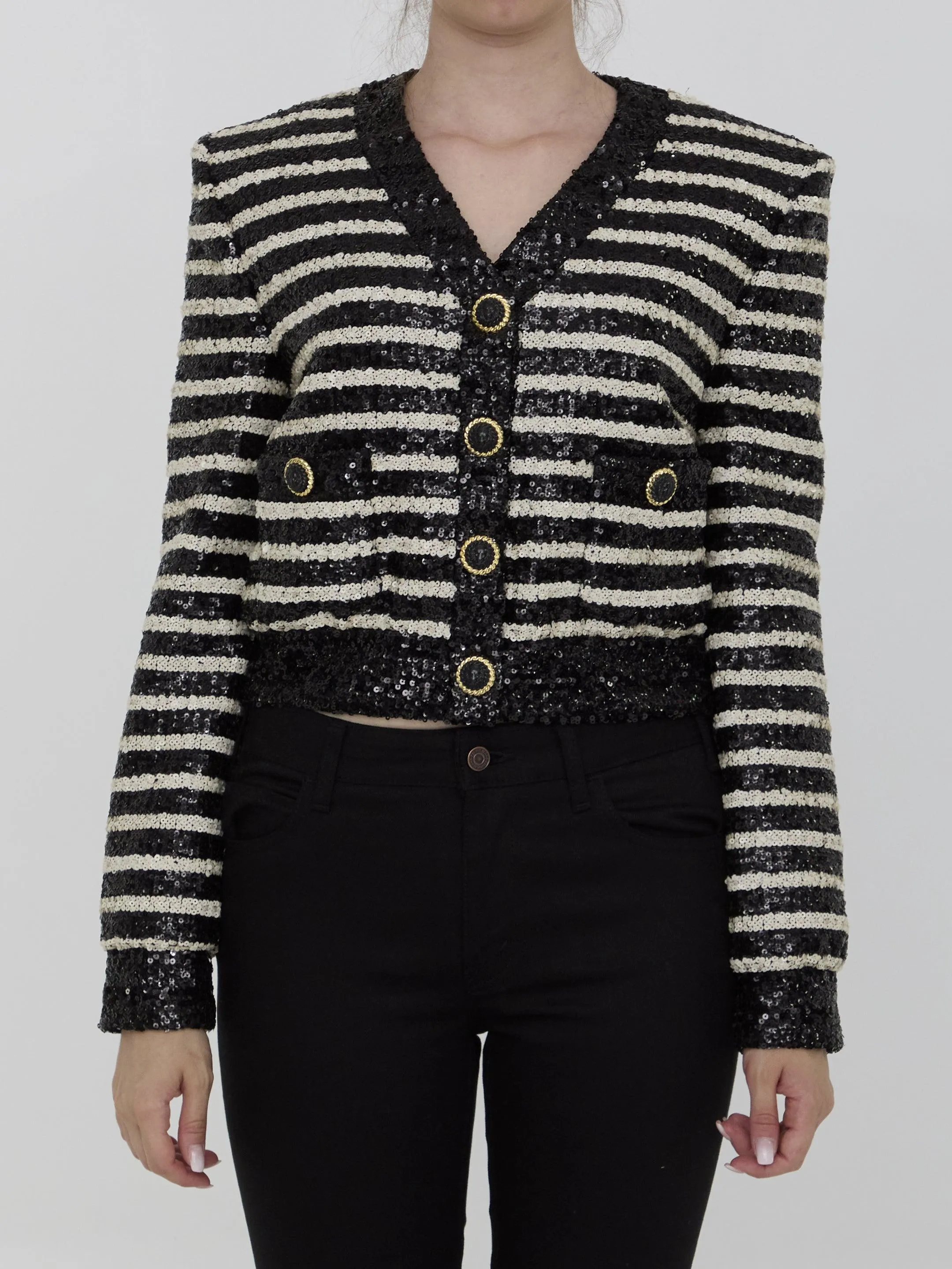 Balmain Button Sequined Cropped Jacket