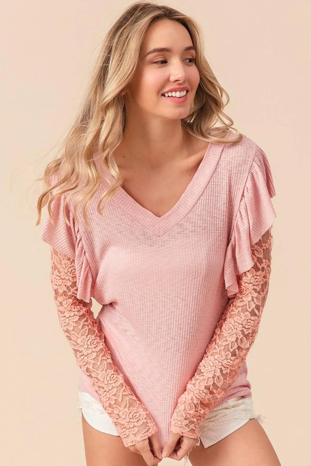 BiBi Ruffled Lace Sleeve Rib Knit Top