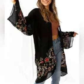 Black Longline Floral Embroidered Kimono Open Wrap Cardigan Top One Size