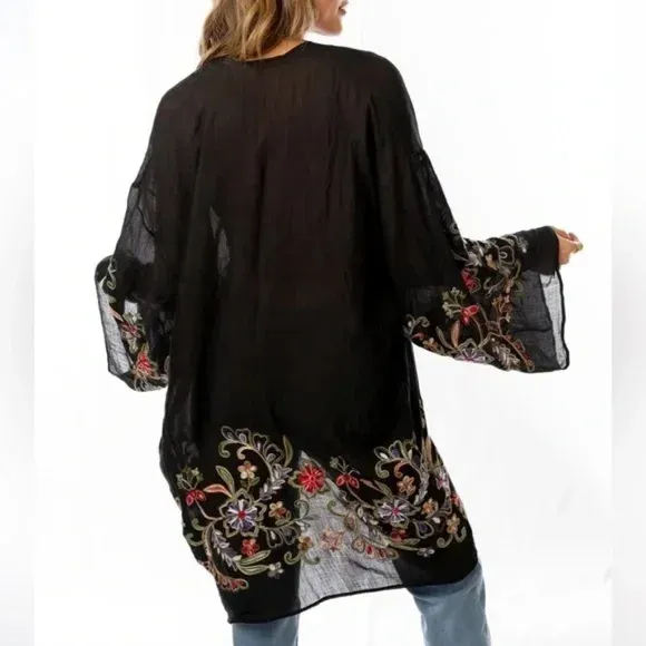 Black Longline Floral Embroidered Kimono Open Wrap Cardigan Top One Size