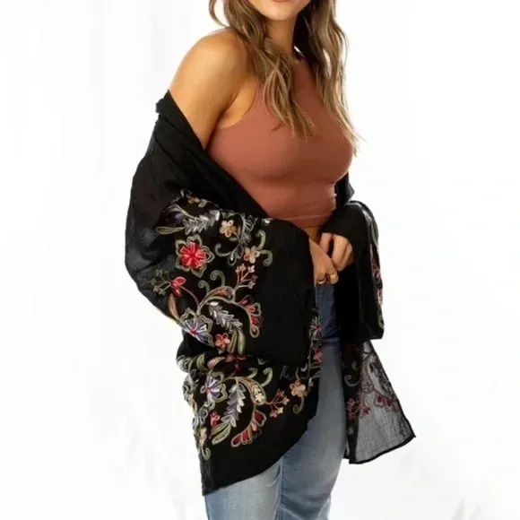 Black Longline Floral Embroidered Kimono Open Wrap Cardigan Top One Size