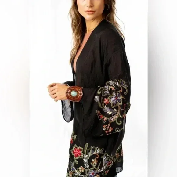 Black Longline Floral Embroidered Kimono Open Wrap Cardigan Top One Size