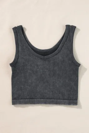 Black Ribbed Seamless Cropped Tank Top