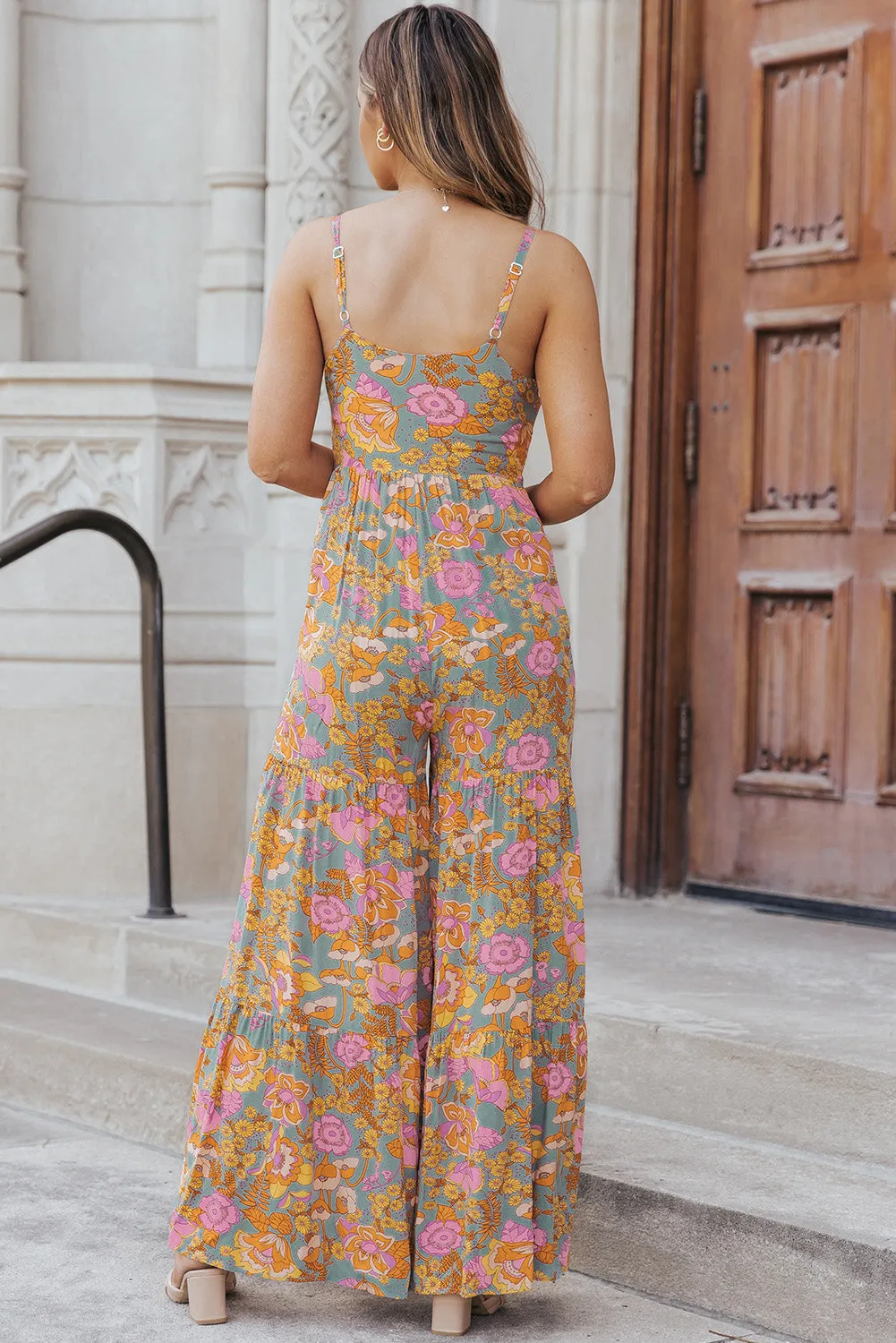 Botanical Floral Spaghetti Strap Wide Leg Jumpsuit