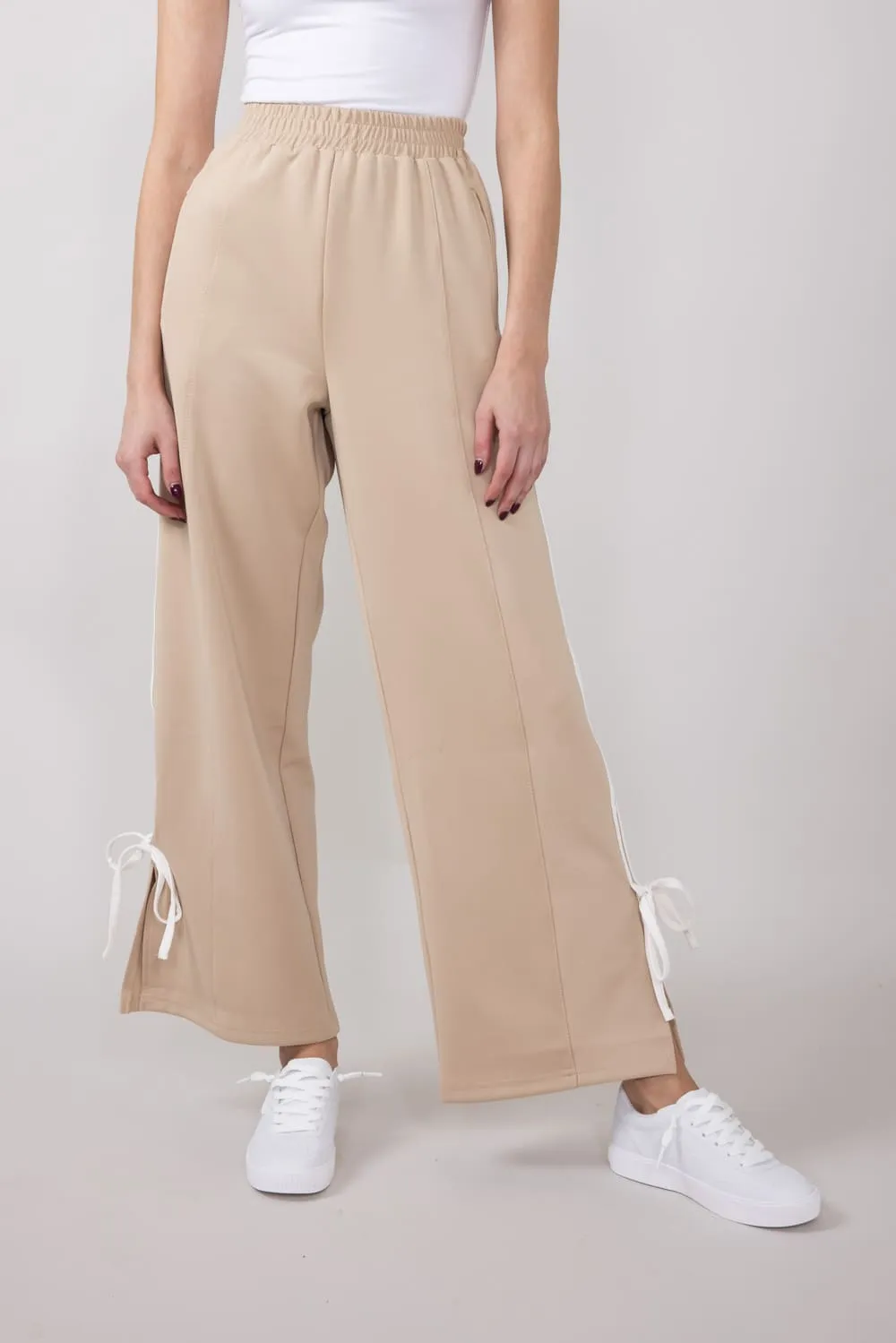 Bow Tie Track Pants for Women in Taupe White | SP2364-TAUPEWHITE