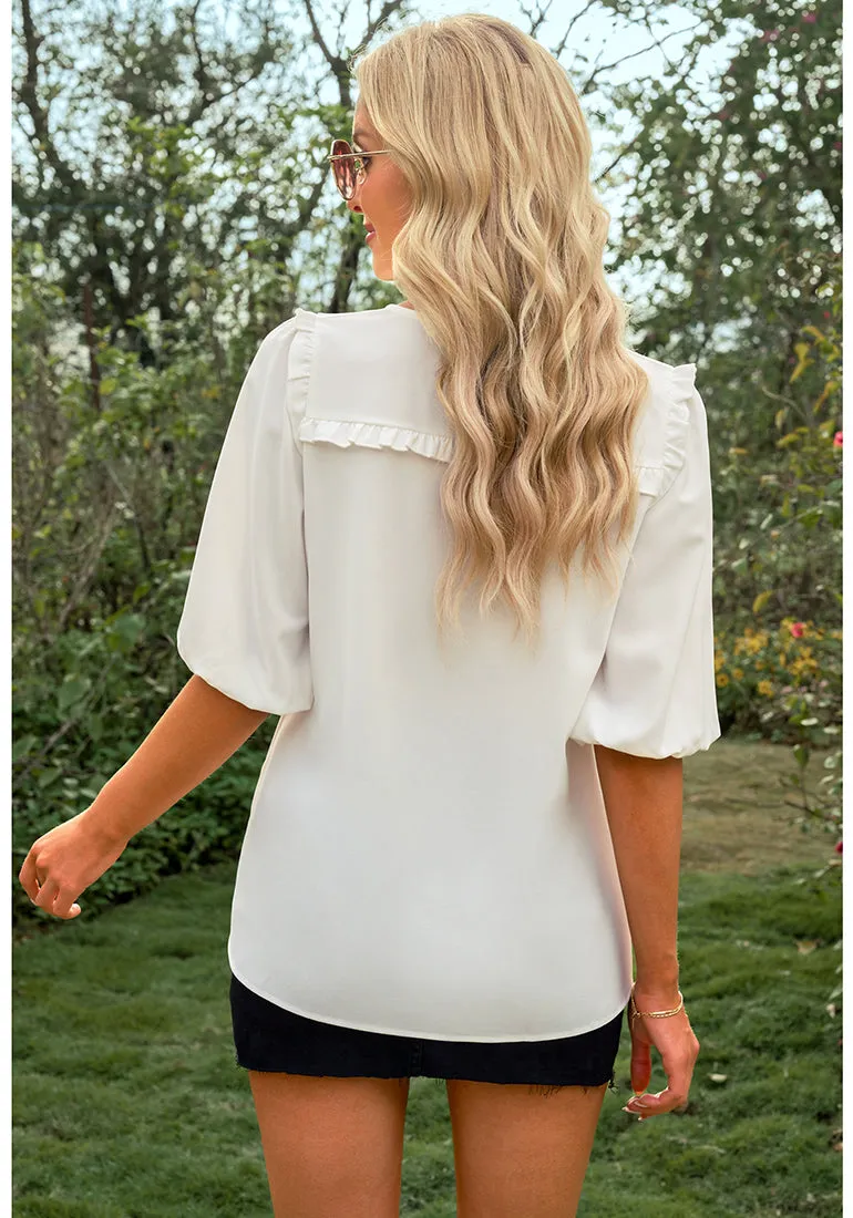 Brilliant White Women's Casual Puff Sleeve Tie Neck Blouses Business Shirts