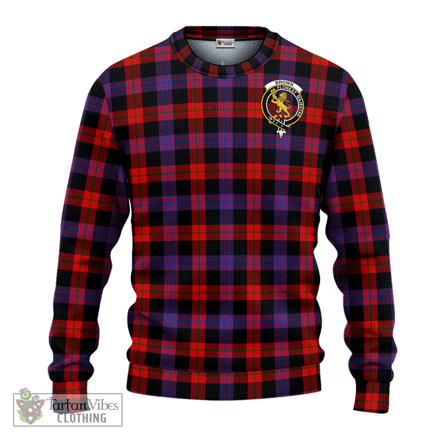 Brown (Broun) Tartan Knitted Sweatshirt with Family Crest