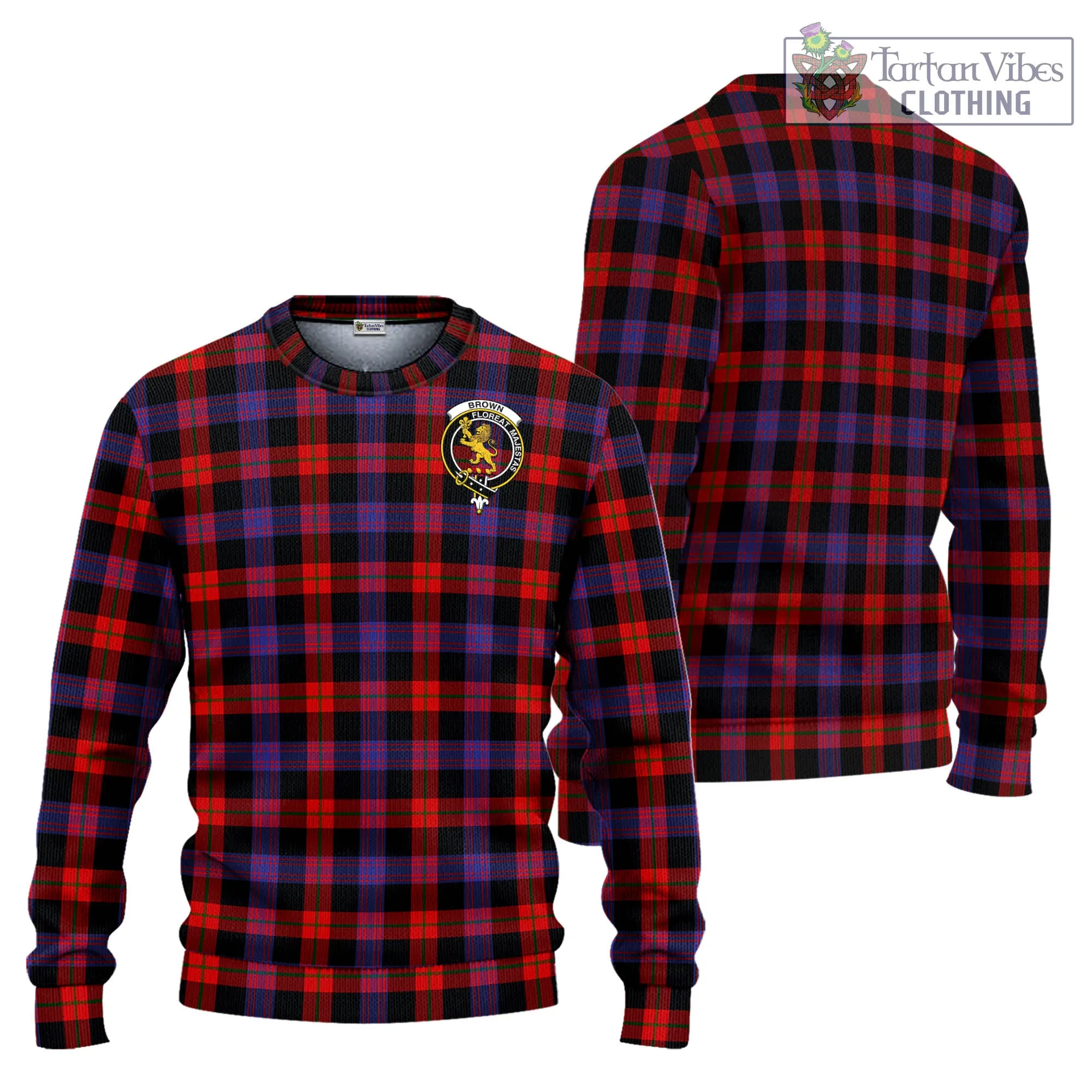 Brown (Broun) Tartan Knitted Sweatshirt with Family Crest