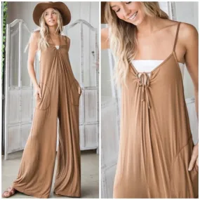 Camel Bohemian Solid Convertible Oversized Wide Leg Casual Jumpsuit w/ Pockets