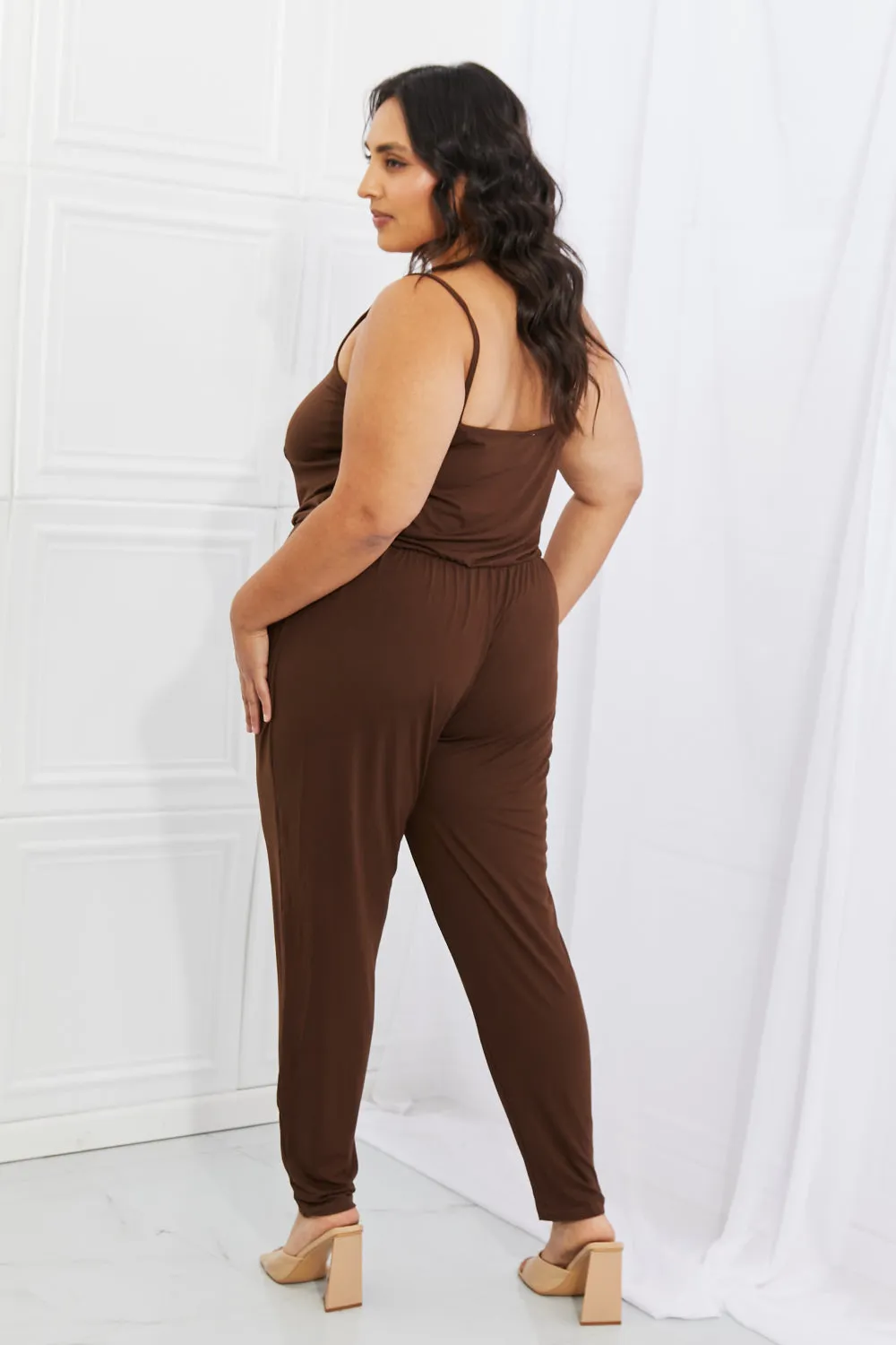 Capella Comfy Casual Full Size Solid Elastic Waistband Jumpsuit in Chocolate