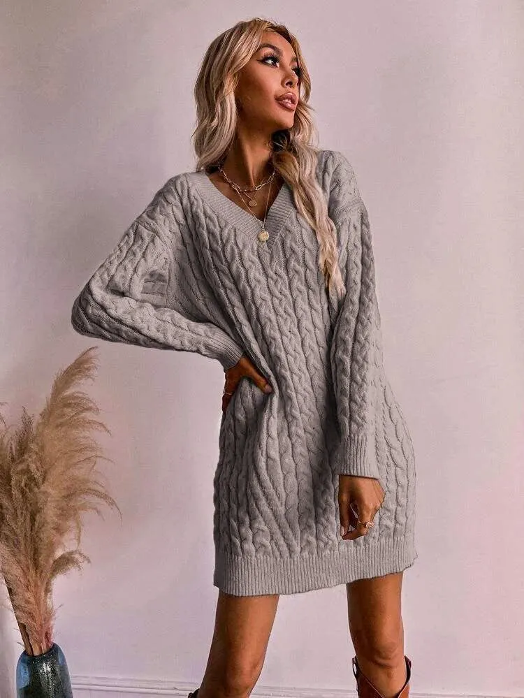 Carla Chunky Knit Grey V deep Neck Jumper Dress