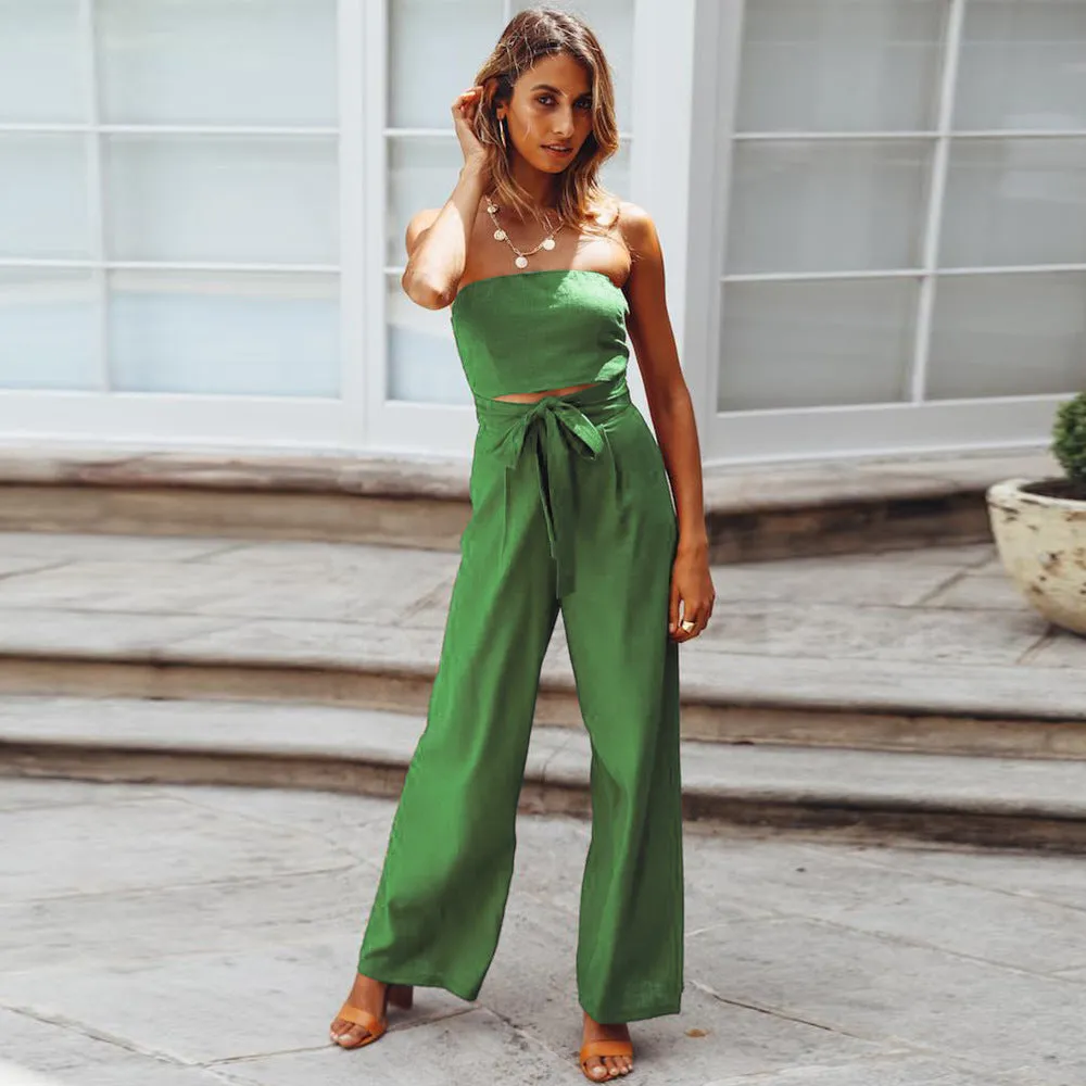 Casual Lace-up Tube Top Lace up Straight Jumpsuit