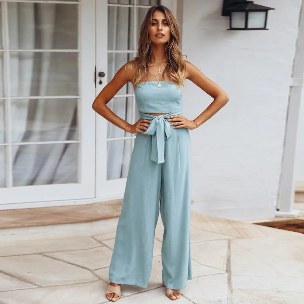 Casual Lace-up Tube Top Lace up Straight Jumpsuit