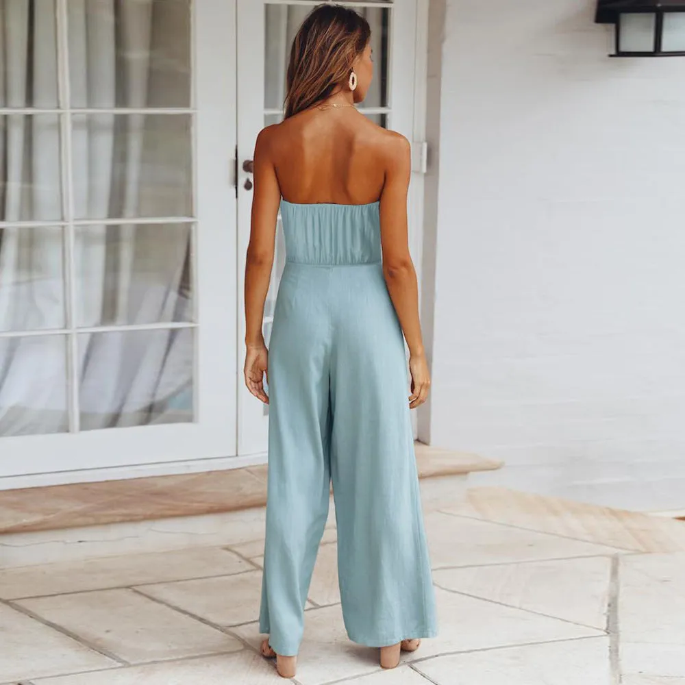 Casual Lace-up Tube Top Lace up Straight Jumpsuit